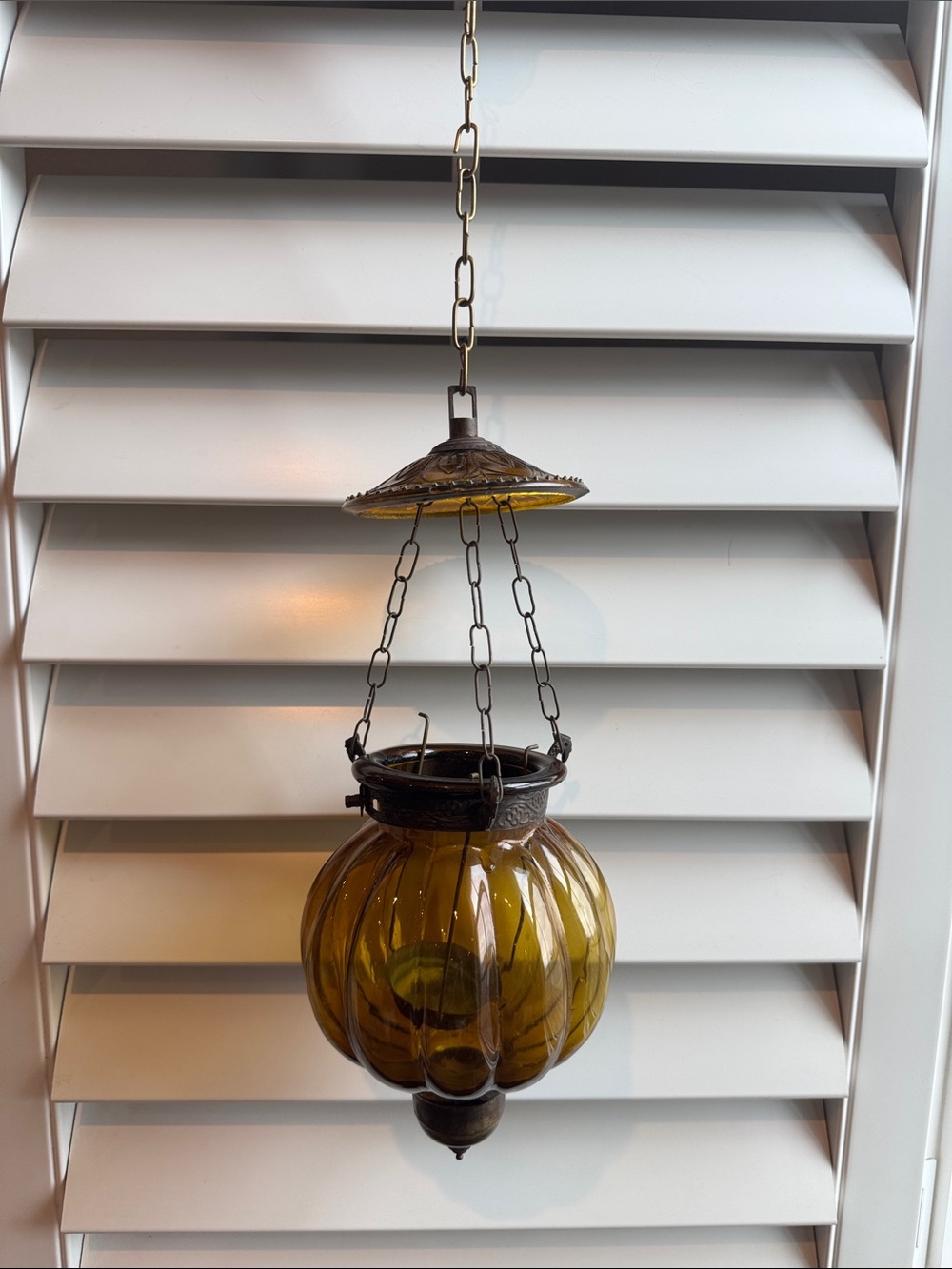 Vintage 1990’s Anthropologie Amber Glass Hanging Lantern with Brass Chain